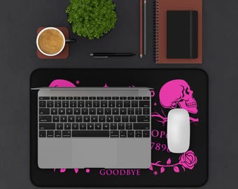 Alfombrilla de escritorio Ouija Board Raven / Alfombrilla de teclado Skull Crow / Gamepad rosa neón y negro