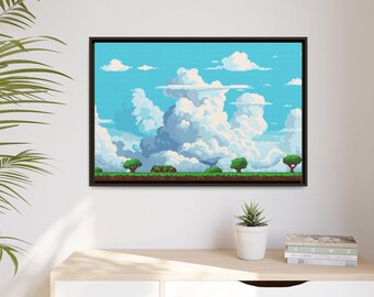 Pixel Cloud Landscape Matte Canvas Framed | Retro Pixel Art Wall Decor