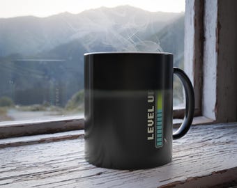 Retro Gaming Mug Color-Changing 11oz Mug  "Level Up" Heat Reveal Magic Coffee Cup - Black