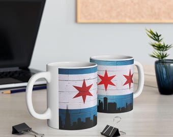 Taza de café con decoración urbana del horizonte de Chicago / Fondo con la bandera de la ciudad