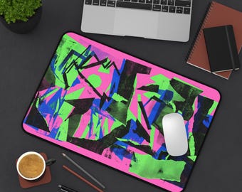 90年代ネオンアブストラクトデスクマット | 明るいピンク、グリーン、ブルーのオフィスマウスパッド（ネオプレン）