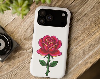 Pixel Art Phone Case, Retro Rose Pixel Case, Valentine's Day Gift, Cute Gamer Phone Case, 8 Bit Floral Phone Case