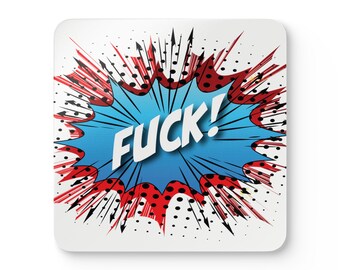 Juego de posavasos de corcho con diseño de cómic pop art y palabrotas.