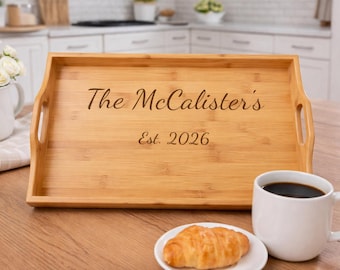 Personalized Bamboo Serving Tray, Custom Engraved Family Name and Year, Wedding & Housewarming Gift