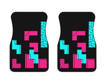 Alfombrillas para coche con diseños retro de los años 80 / Alfombrillas delanteras con estampado geométrico neón.