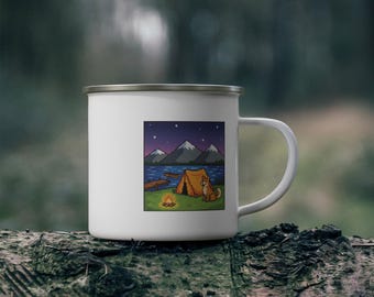 Retro Fox Camping Enamel Mug | Lakeside Campfire Scene