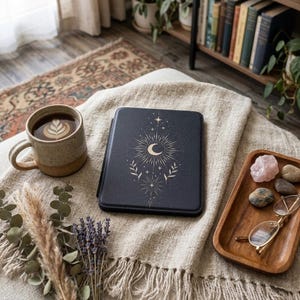 May include: A black journal with a celestial design featuring a crescent moon, stars, and sunburst. The journal rests on a beige blanket next to a mug of coffee with latte art, a wooden tray with crystals and glasses, and dried flowers.