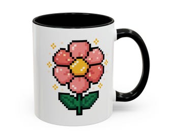Pixel Flower Accent Coffee Mug | Retro 8-Bit Floral Design Gamer Inspired Coffee Tea Cup