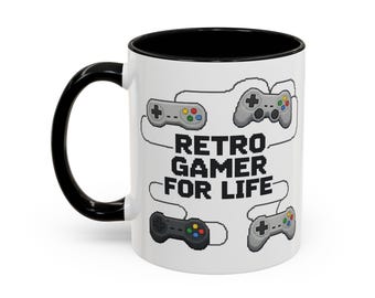 Retro Gamer for Life Mug | Pixel Gaming Coffee Mug | Vintage Gamer Gift | Old School Video Game Cup | Gamer Desk Mug