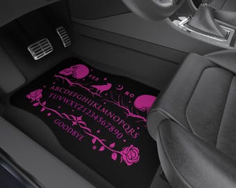 Alfombrillas para coche Ouija Skull Rose / Alfombrillas delanteras con diseño de bruja, rosa neón y negro.