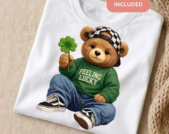 Feeling Lucky Teddy Bear PNG, St Patrick's Boy, Kids St Patrick's Day Design, Lucky Shamrock, Pinch Proof, 300 DPI + PDF