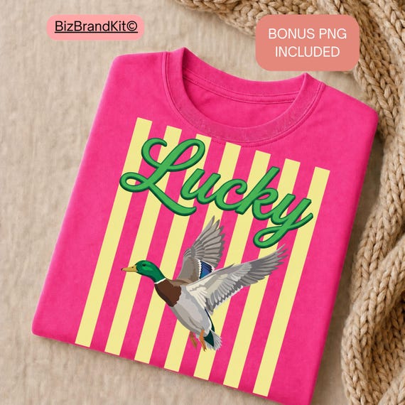 Striped Neon Lucky Duck PNG, Summer Bay Coastal Sublimation Design, Retro Flying Mallard Duck, Girly Trendy Kid Shirt Graphic Boutique