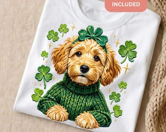 St Patrick’s Goldendoodle PNG | Lucky Doodle Dog with Shamrock Clover | St Pattys Dog Sublimation 300 DPI Transparent