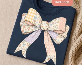 Vintage Patchwork Bow PNG + Bonus PNG, Floral Coquette Clipart, Pastel Grannycore Cottagecore, Sublimation POD Shirt Design
