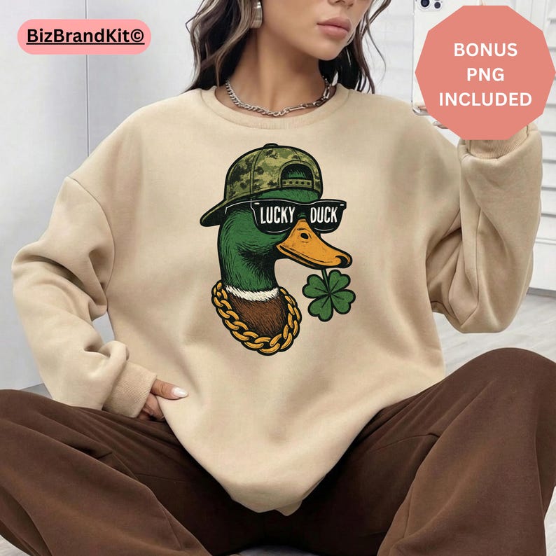 Lucky Duck PNG | St Patrick Duck Hunting Design | Boys Shamrock Clover Sublimation | Cricut Silhouette | Bonus PNG Included