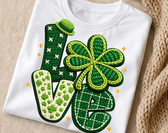 Faux Yarn Preppy St Patrick’s LOVE PNG | Retro Lucky Clover Shamrock | St Patty Sublimation DTf POD | 300 DPi