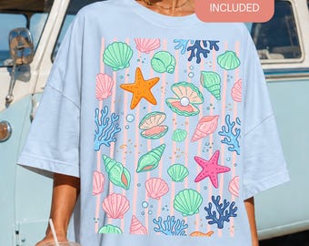 Seashell PNG Beach Shirt Design, Pink Striped Summer Graphic Sublimation, Starfish Coastal Apparel, Ocean Theme Digital Download
