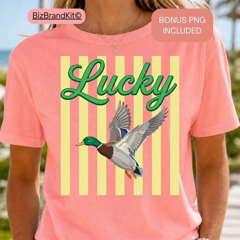 Striped Neon Lucky Duck PNG, Summer Bay Coastal Sublimation Design, Retro Flying Mallard Duck, Girly Trendy Kid Shirt Graphic Boutique
