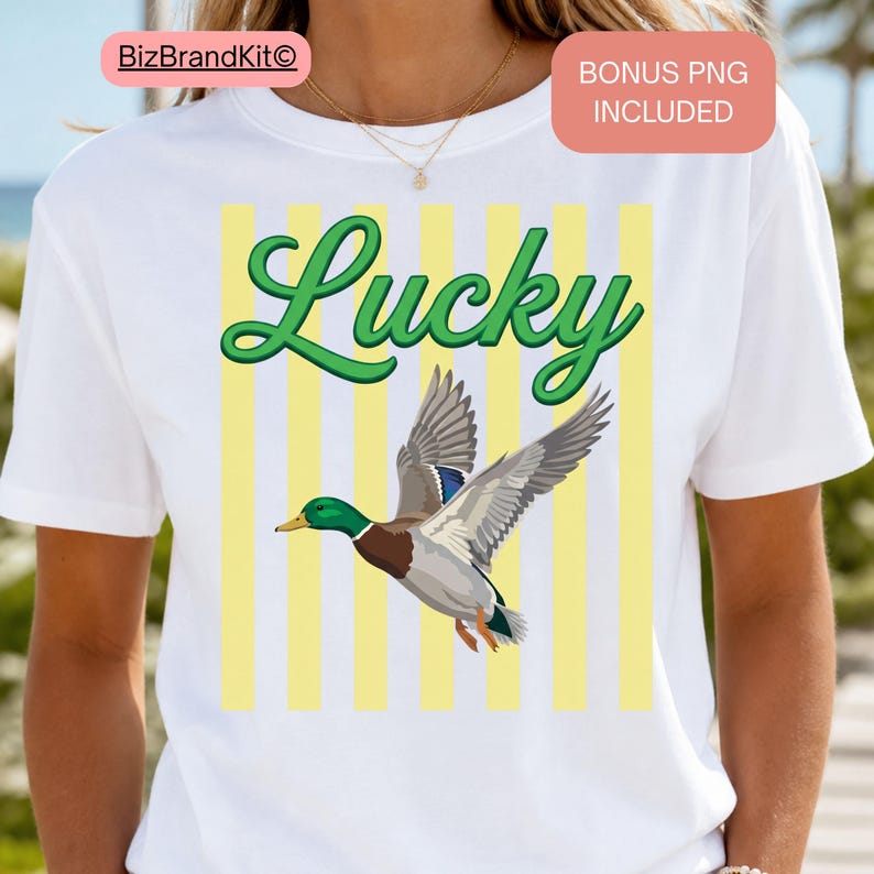 Striped Neon Lucky Duck PNG, Summer Bay Coastal Sublimation Design, Retro Flying Mallard Duck, Girly Trendy Kid Shirt Graphic Boutique