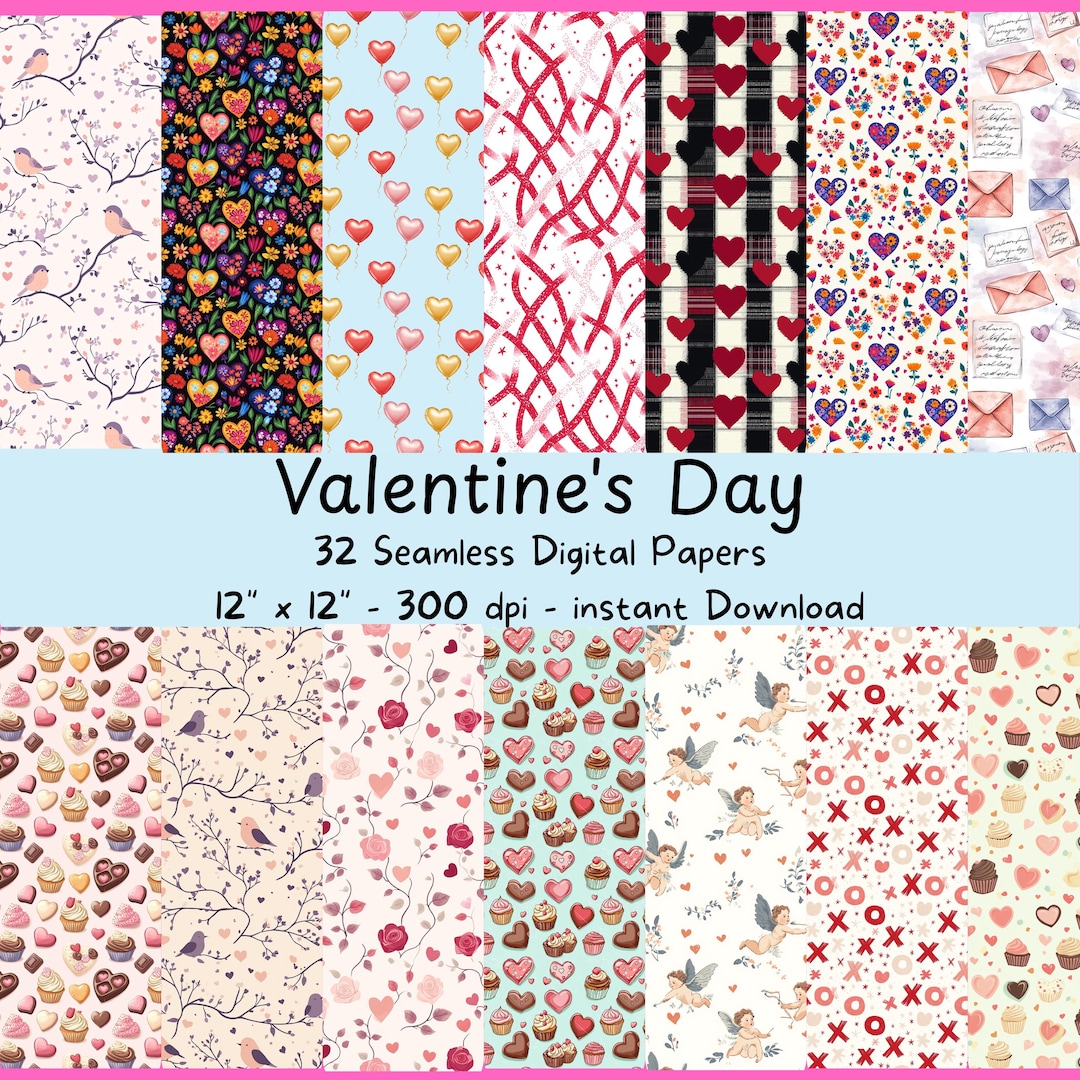 Valentine Digital Paper Pack 32 Seamless Hearts & Floral Patterns ...