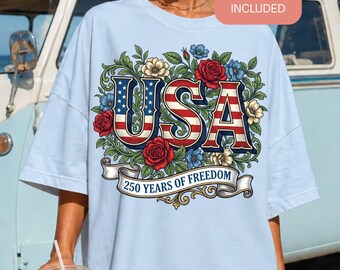 Retro USA 250 PNG America 250th Anniversary Sublimation, Floral USA Flag 250 Years of Freedom, Semiquincentennial 1776-2026 4th of July