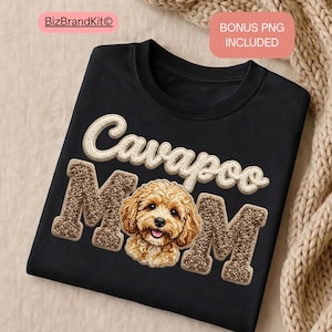 May include: Black t-shirt with the text "Cavapoo Mom" in a textured, cream-colored font. The letter "M" is in a brown, textured font, with a Cavapoo dog image in the center. A bonus PNG is included.