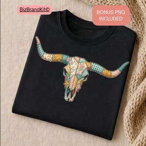 May include: Black crew neck t-shirt featuring a colorful patchwork design of a bull skull. The skull design incorporates various patterns and colors, including floral, gingham, and solid patches. The words "BONUS PNG INCLUDED" are in a pink rectangle.