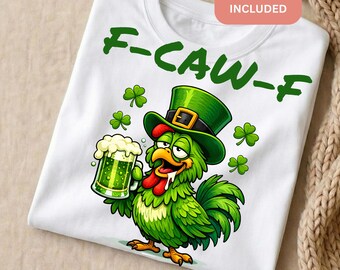 Funny St Patrick’s Day PNG | F-CAW-F Chicken Shamrock Leprechaun Hat Beer Mug | Irish Retro Sublimation Instant Download