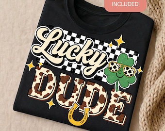 Lucky Dude PNG, Boys St Patricks Day Shirt Design, Toddler Boy Camo Shamrock Digital Download, Kids Retro St Pattys Sublimation File