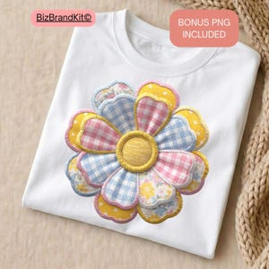 May include: White t-shirt featuring a large, colorful flower design. The flower has petals in various patterns, including gingham and floral prints, with yellow, pink, and blue hues. The center of the flower is a solid yellow circle. The words "BONUS PNG INCLUDED" are in a pink box.