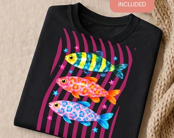 Preppy Fish PNG Girls Fish Too Sublimation Design Colorful Maximalist Summer Vacation Beach Graphic DTF Female Fishing Shirt Download