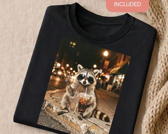 Raccoon Drinking Iced Coffee PNG | Funny Animal Meme Sublimation Design | Retro Coffee Lover Graphic | Preppy Shirt Digital Download File
