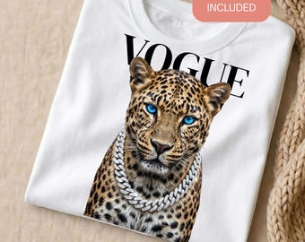 Revista Glam Leopard PNG, gráfico de guepardo de moda para sublimación, descarga digital con estampado animal estético Y2K para camisetas y tazas