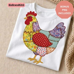 May include: White t-shirt featuring a colorful patchwork chicken design. The chicken has a red comb and wattle, yellow and floral patterned body, and a red dotted patch. The design includes the text "BONUS PNG INCLUDED".