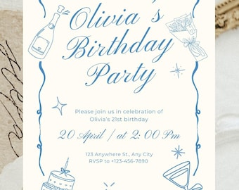21st Birthday Invitation Template Canva Digital Download Twenty First Invite Card Decor