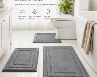 Bathroom Rug Set 3 Piece – Soft, Absorbent, Non-Slip Microfiber Bath Mat with U-Shaped Toilet Mat, Grey, Cozy Home Decor