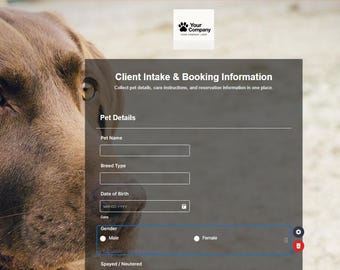 Hunde Boarding Intake Intake Form Vorlage, Haustier Sitzen Intake Intake Form, Kunden Intake Intake Form, Buchungsformular Vorlage, Pet Care Intake, Jotform