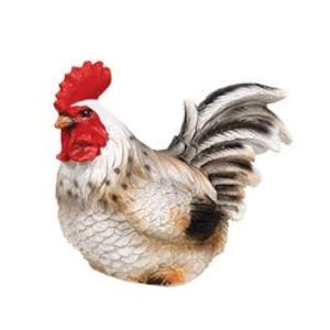 May include: A ceramic rooster figurine with a red comb and wattle, white head, and speckled brown and white body. The tail feathers are black and white. The rooster is posed in a standing position.