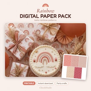 Puede incluir: Un paquete de papel digital con patrones de arcoíris en tonos tierra. La imagen muestra cajas de regalo envueltas en papel de arcoíris, un pastel decorado con un arcoíris y una vista previa de cinco hojas con diferentes patrones.