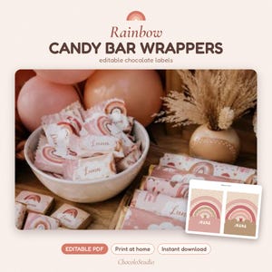 Puede incluir: Una colección de envoltorios para barras de chocolate con un diseño de arcoíris y el nombre Luna. Los envoltorios se muestran en un cuenco blanco y sobre una superficie de madera, con una vista previa digital que muestra el texto Juana.