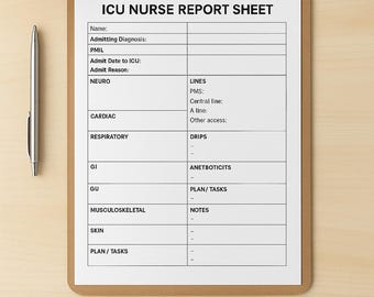 ICU Nurse Report Sheet | printable Nursing Report Template | 1- Page Neuro Cardiac Respiratory brain Sheet | Digital download