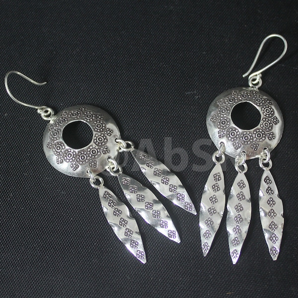 Thai Handmade KAREN HILL Tribe 98% Pure SILVER 80mm Long Flower Print Dream Catcher Style Dangle Earrings KN46