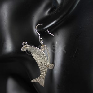 Thai KAREN HILL Tribe 98% Handmade SILVER 58mm Crap Fish Dangle Earrings KE14