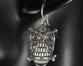 925 STERLING SILVER 31mm Cute Owl Poli avec boucles d’oreilles Dangle oxydées BE3