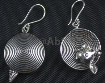 1 pair Thai Handmade KAREN HILL Tribe 98% Pure SILVER 50mm Spiral Husk with cute elephant leaf filligrees earrings KN63