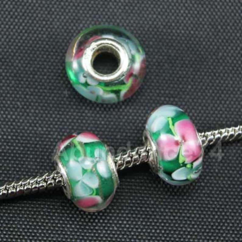 1 Piece 925 Sterling Murano Green Bead Pink Flower European Bead Charm C11 image 2