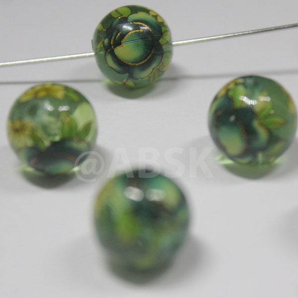 2 pièces 12mm ronde japonais TENSHA perles Rose bleue sur la surface brillante vert (TS10)