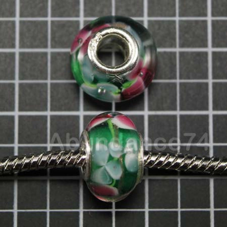 1 Piece 925 Sterling Murano Green Bead Pink Flower European Bead Charm C11 image 3