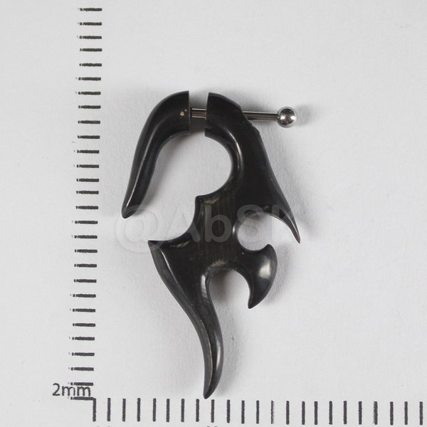 Fake Plug Gauge 42mm Black BUFFALO HORN BONE Tribal Style Carving Earrings H09