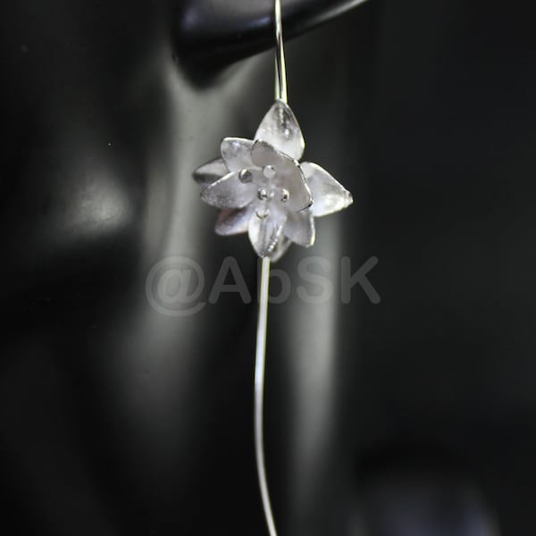 Thailand Handmade 925 STERLING SILVER Filigree Long Lotus Elegant Earrings Fil3